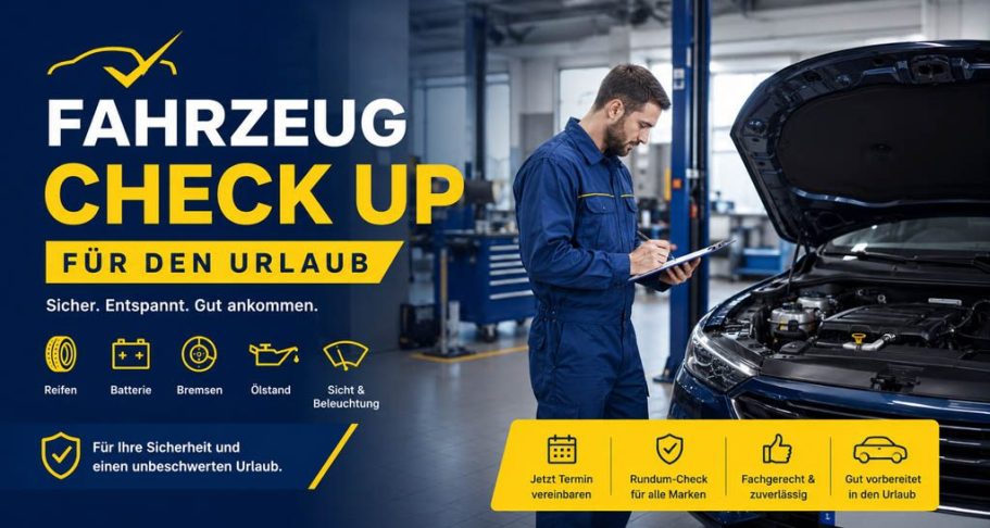 Fahrzeug Check Up für den Urlaub mit Mann vor dem geöffneten Motor